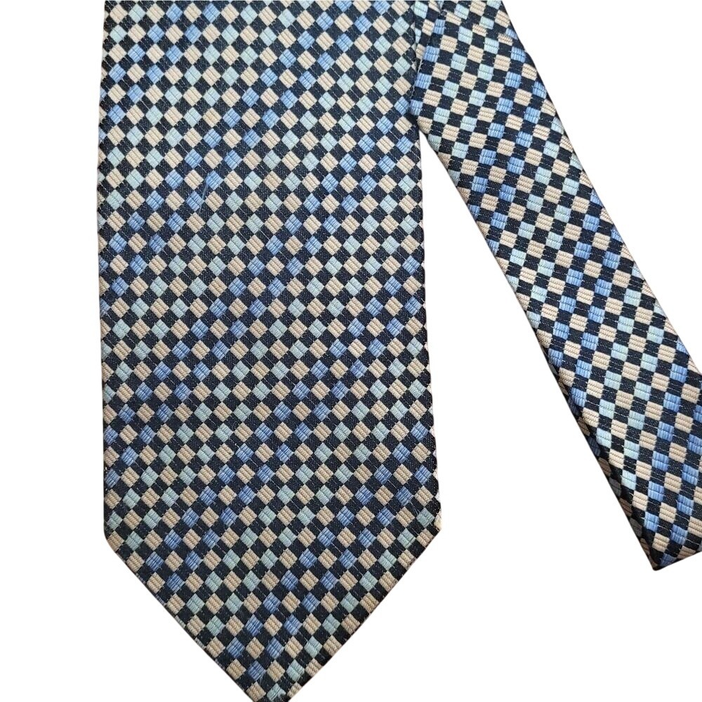 Valerio Garati Mens Tie‎ Blue Beige Black Diamond Pattern Silk Necktie